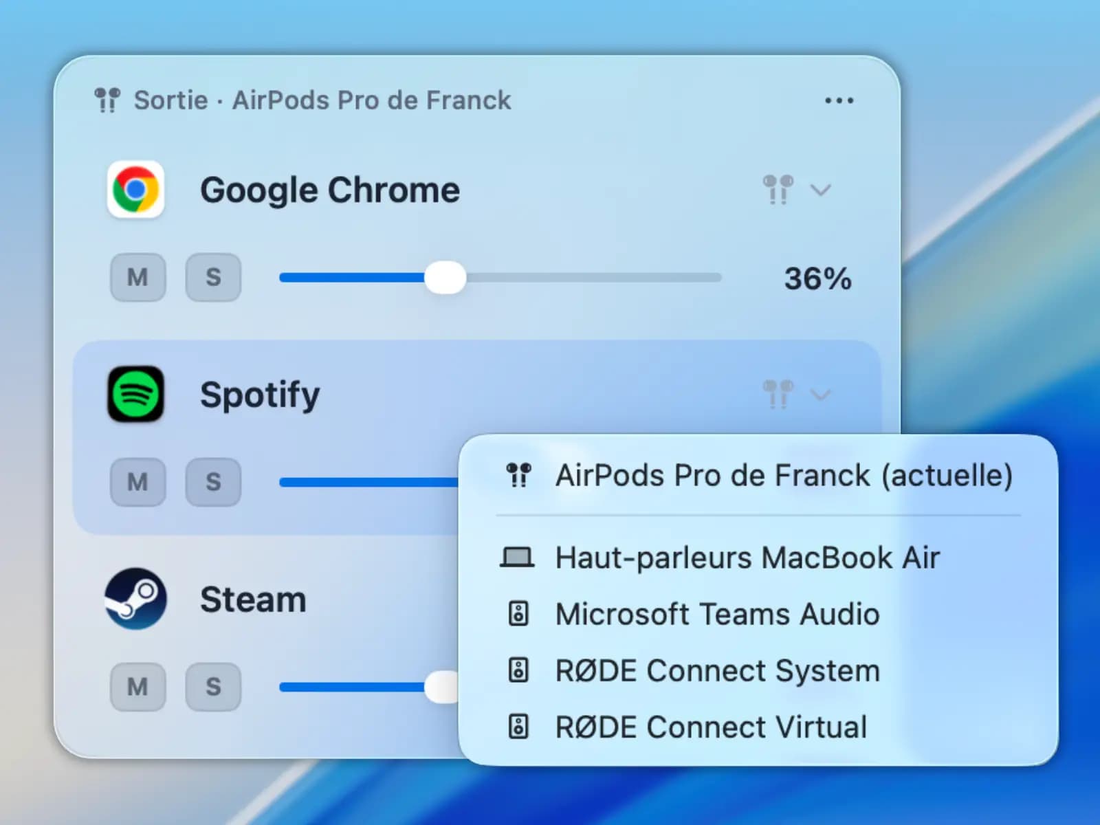Menu déroulant de sélection de sortie ouvert dans Potar : AirPods Pro, haut-parleurs MacBook, enceintes connectées.