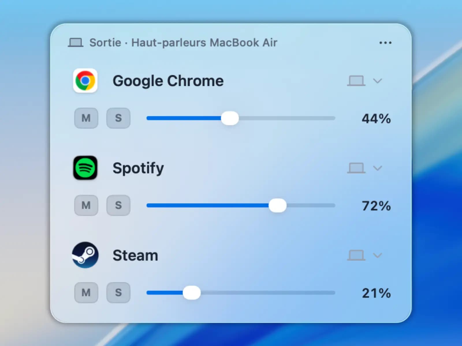 Trois apps dans Potar (Chrome, Spotify, Steam) avec un fader de volume indépendant chacune.